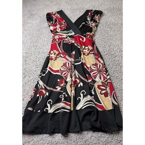 Roulette Womens Floral Surplice V-Neck Tie Back Fit & Flare Dress Black Red M